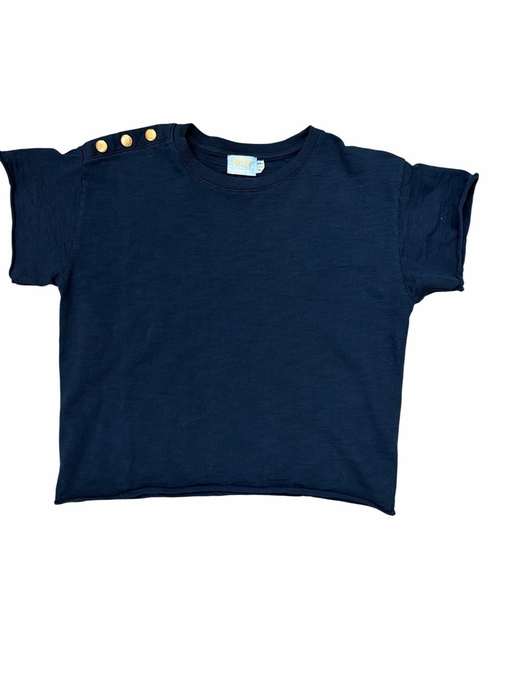 Nation LTD Navy Blue Boxy Tee with Gold Shoulder Buttons - Size XS